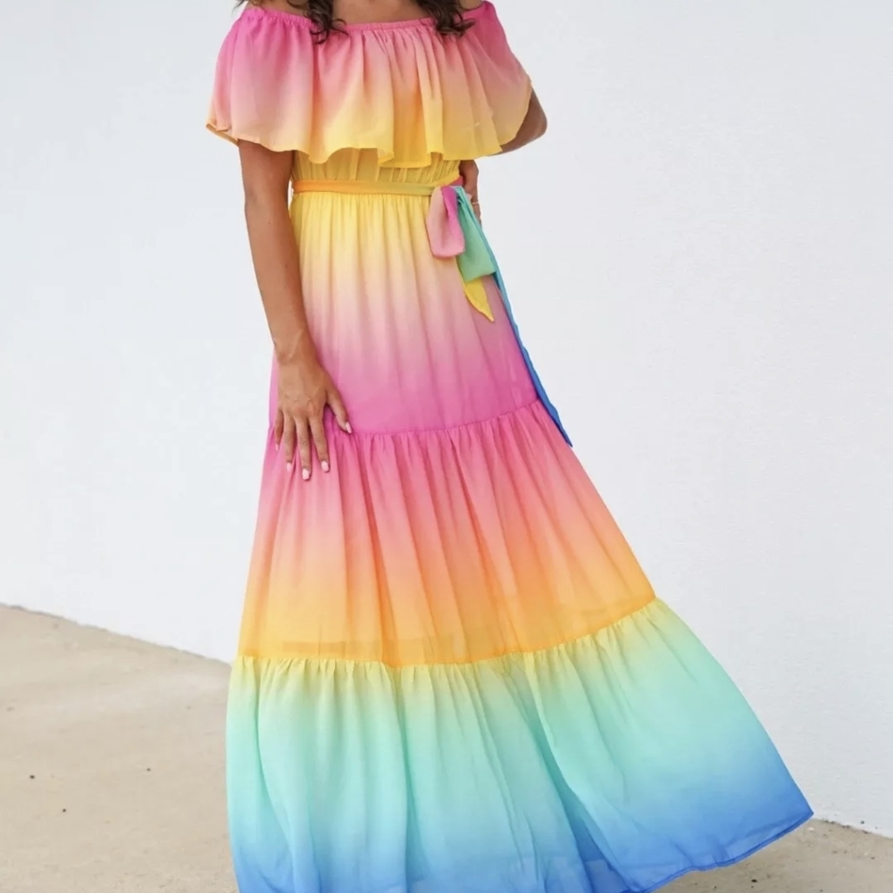 NWT Rainbow Ombre Boho Maxi Summer Dress S: Sm-Med - Picture 9 of 14